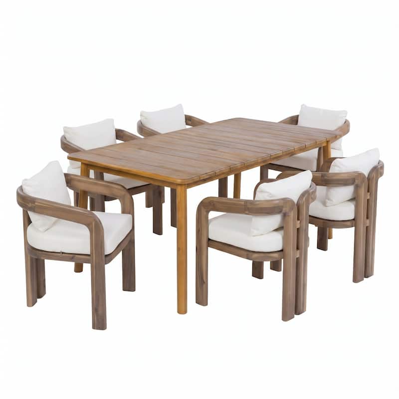 Christopher Knight Home - Country Acacia Wood 7-Piece Outdoor Dining Set with Cushions, Natural and Teak Finish Patio Table