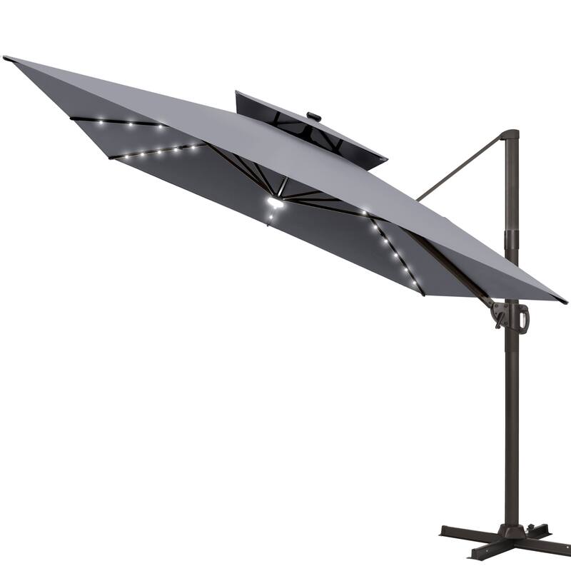 11 FT Square Outdoor Patio Cantilever Umbrella with Solar Lights Double Canopy 360 Rotation Tilt