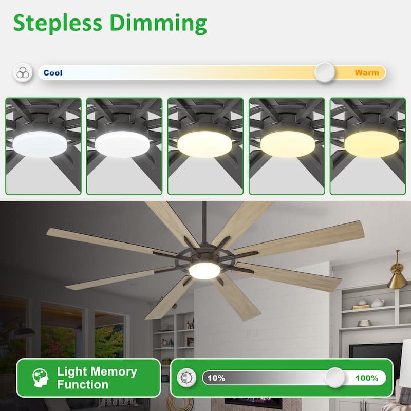Modern 72 Inch 8 Blade Outdoor large Ceiling Fans with Lights: Dimmable Indoor Reversible 6 Speed Quiet DC Motor