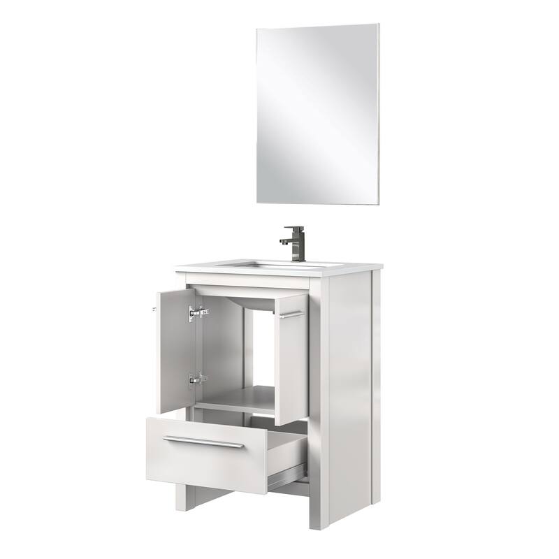 24 in. White Vanity with Quartz Top, Rose Gold Faucet, and 18 in. Mirror - Bathroom Storage Cabinet with Soft-Close Doors