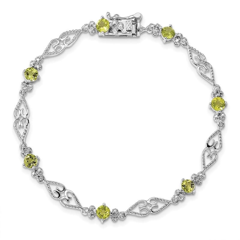 Curata 925 Sterling Silver Textured Polished Box Catch Closure Diamond Peridot Bracelet