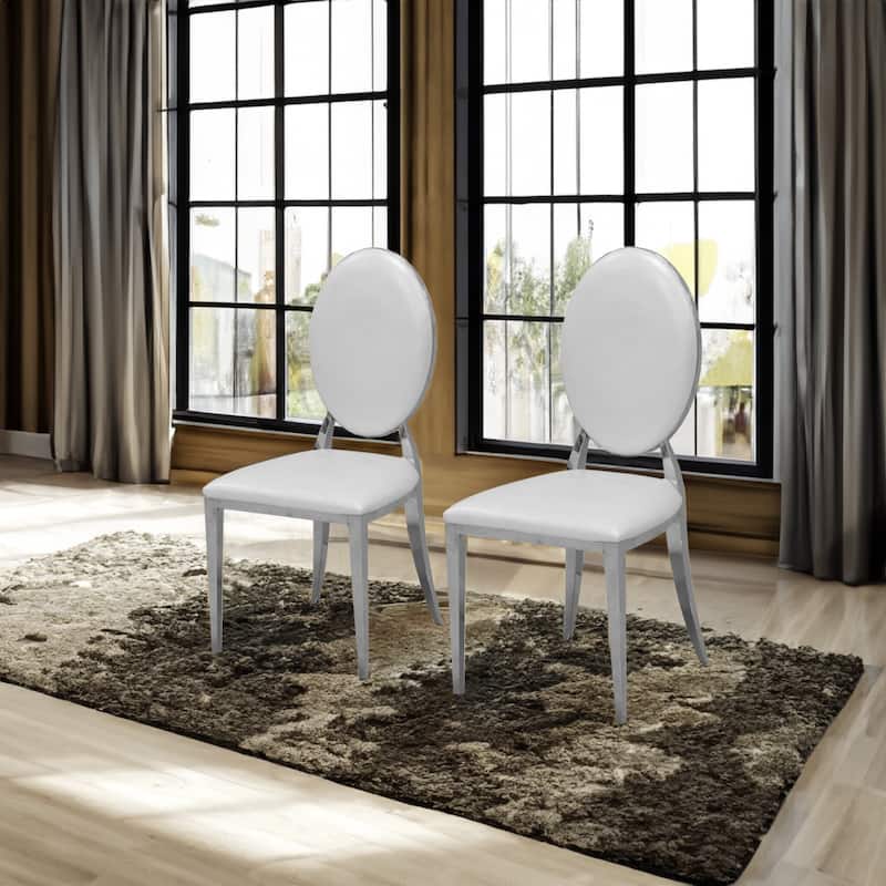 Set of 2 Oval Backrest Design Leatherette Dining Chairs with Steel Legs - White+Silver