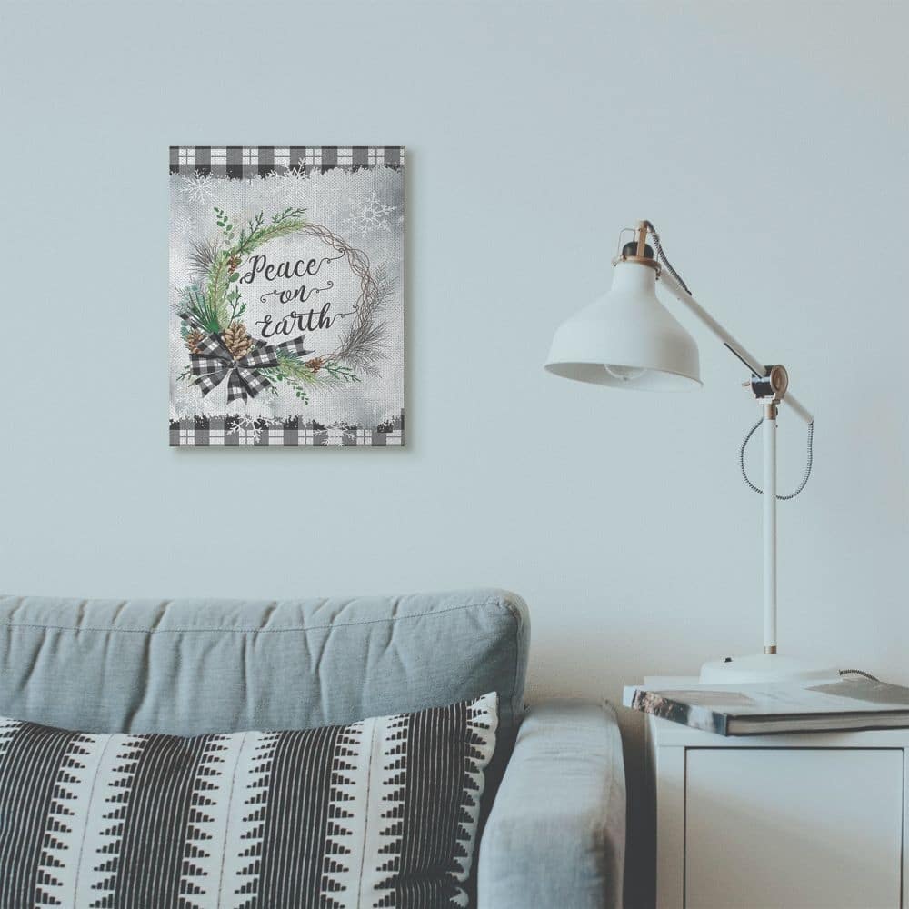 Stupell Peace On Earth Wreath Plaid Holiday Christmas Word Design Canvas Wall Art, Proudly Made in USA