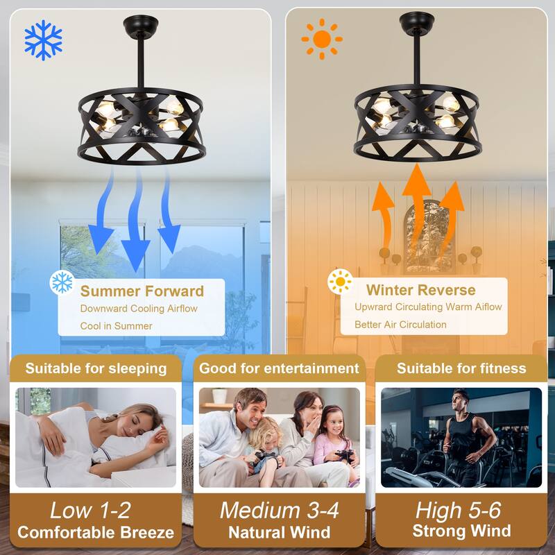 Cusp Barn 20" Farmhouse Caged Ceiling Fan with Lights and Remote, Industrial Black Fandelier, 6-speed Quiet DC Motor Ceiling Fan