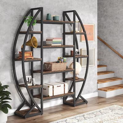 Industrial Bookshelf, Oval Triple Wide 5 Tiers Etagere Bookcase - 11.81"D x 55.11"W x 69.68"H