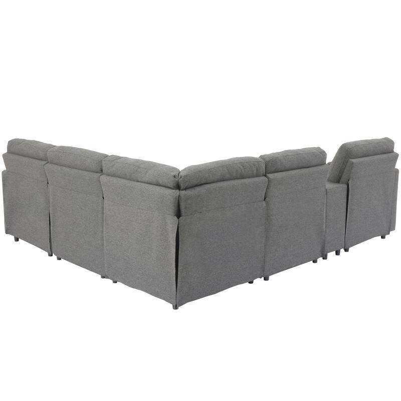 104" Linen Recliner Sectional Sofa (4-Seater) with Storage, USB & Cup Holders