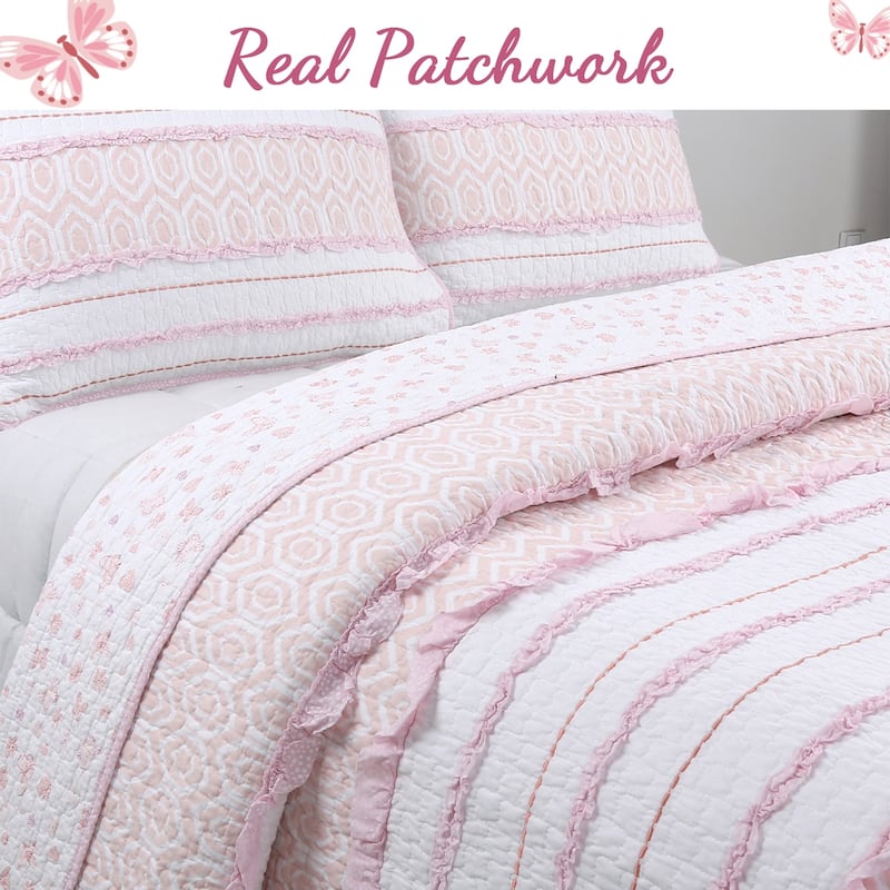 Cozy Line Pretty in Pink Girly Ruffle Pink Cotton Quilt Bedding Set with 2 Throw Pillows