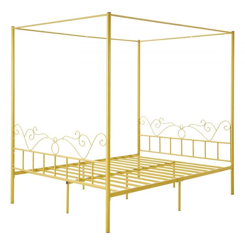 Gold Metal Queen Canopy Bed with Storage, Quiet Design and DIY Rails