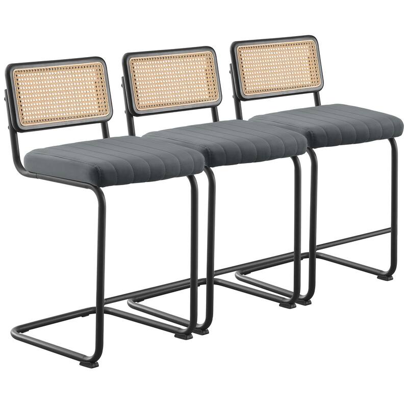 Velvet Upholstered Rattan Counter/Bar Stools, Set of 2/3 - Set of 3 - 26" Grey