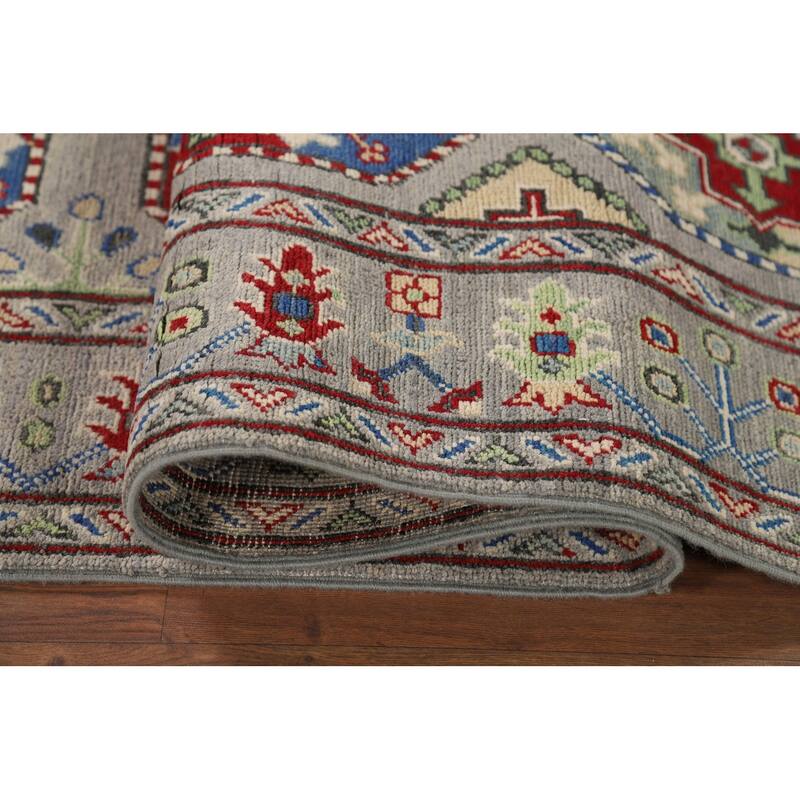Hand Knotted Oriental 100% Wool Carpet Traditional Geometric Greys & Charcoal Kazak Runner Rug - 13' 3'' X 2' 8''