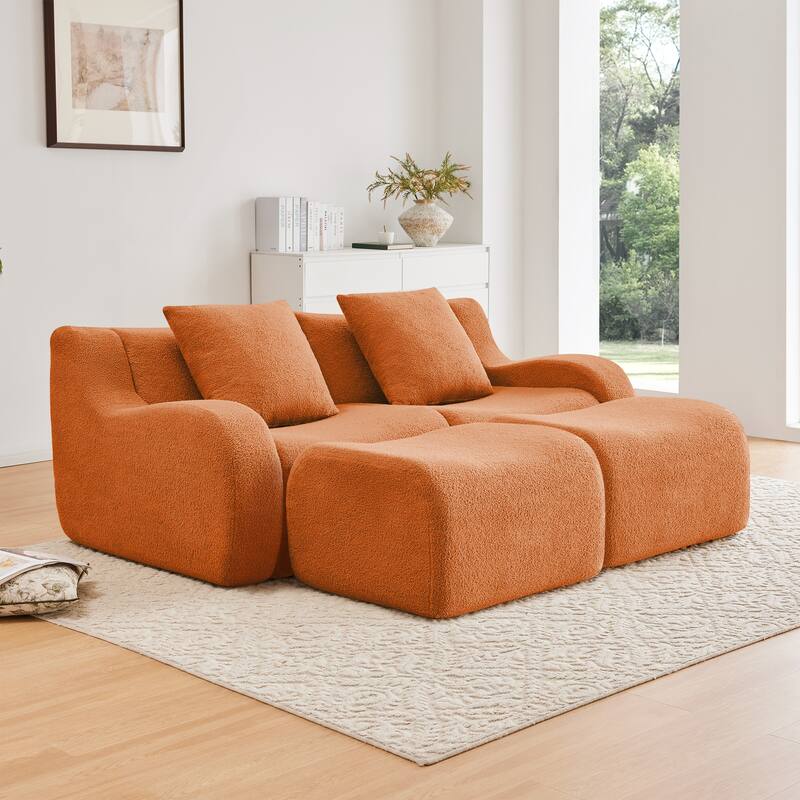 Soft Teddy Fabric Boneless Sofa, Anti-Slip Design, Assembly Chaise Lounge Curved Armrests Ergonomic Support - Orange