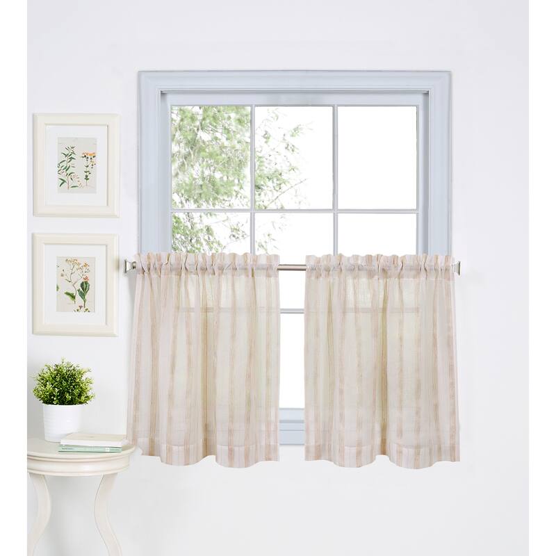 Elrene Linen Stripe Rod Pocket Sheer Kitchen Curtain Tier Set of Two - 30" w x 24" l