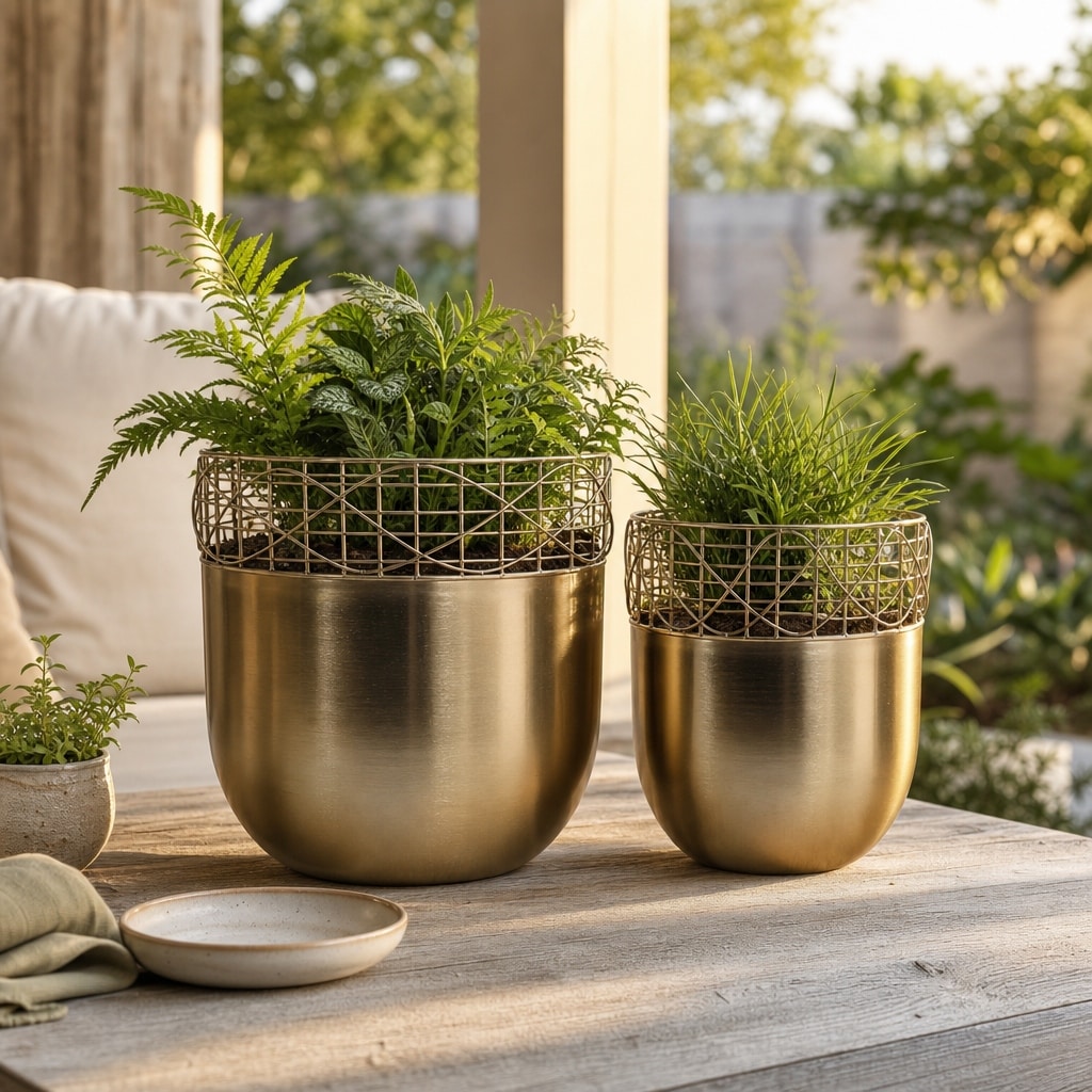 Plant Pot Set of 2 - Gold Metal Wire, 6/8" - 13.0"