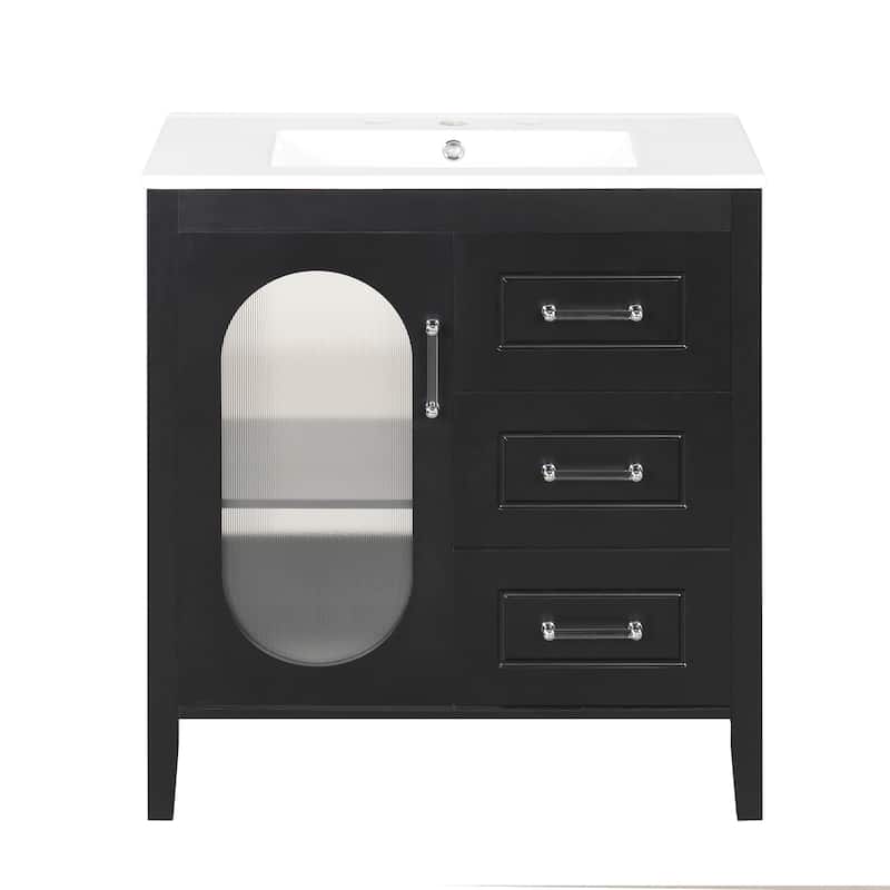 Modern Bathroom Storage Cabinet Vanity with Oval Hazy Glass Door, Acrylic Handles, 2 Different Size Drawers and Adjustable Shelf