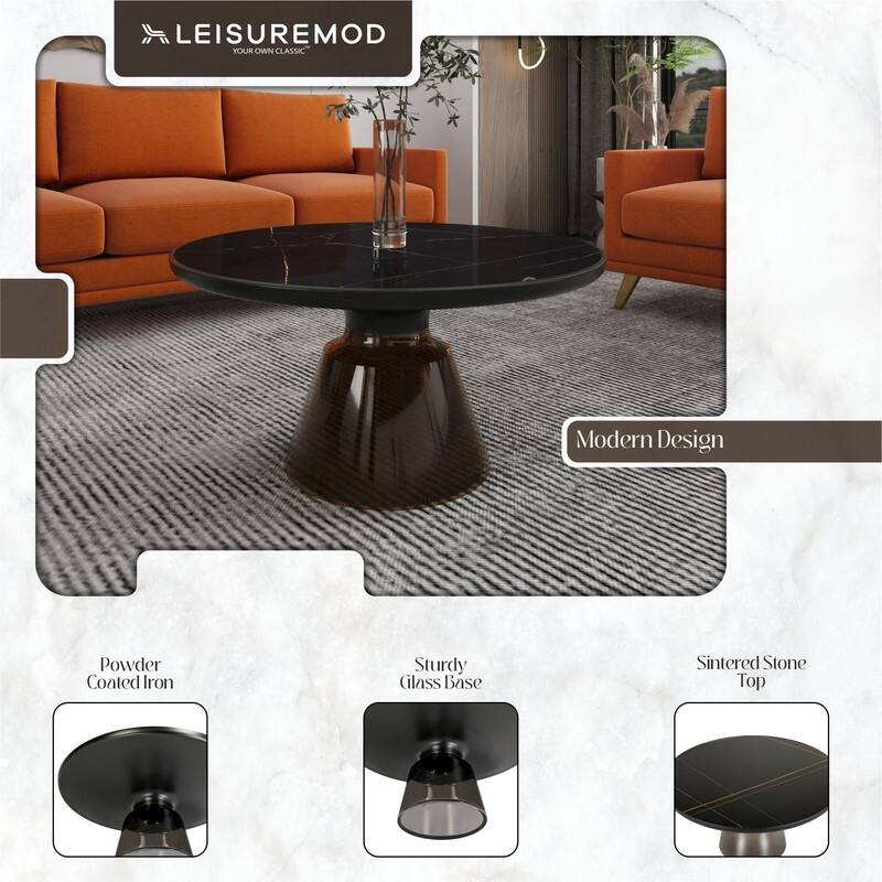 Tully Modern Round Coffee Table Glass/Stone Tabletop with Black Iron Rim Frame & Glass Pedestal Base for Living or Bed Room