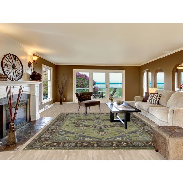 Light Green Oushak Indian Area Rug Hand-Knotted Wool Carpet - 8'11" x 12'0"