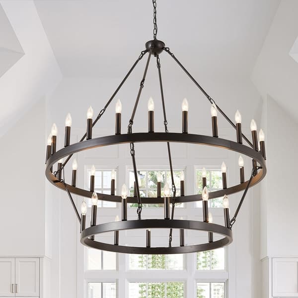 slide 2 of 15, Modern Farmhouse Chandelier 2 Tier Large Black Wagon Wheel Chandeliers 48 Inch-36 Light