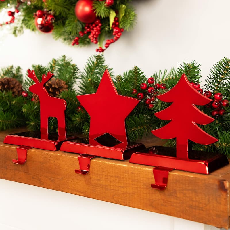 Reindeer, Christmas Tree, Star Metallic Red Christmas Stocking Holders