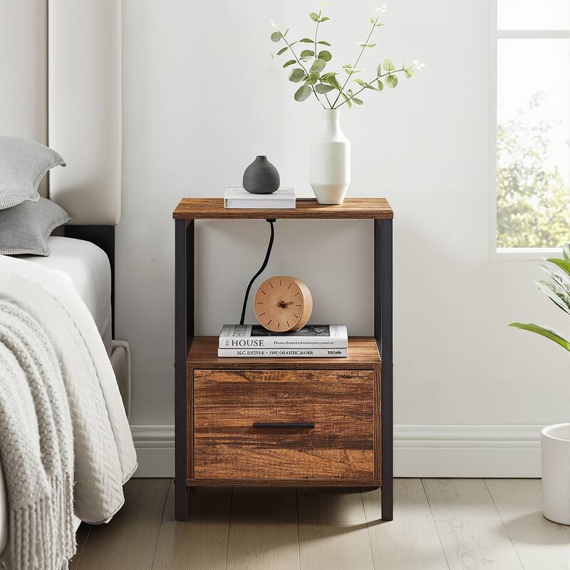 VECELO Mid Century Modern Nightstand with Charging Station USB Port Open Storage Shelf Square End Table for Bedroom