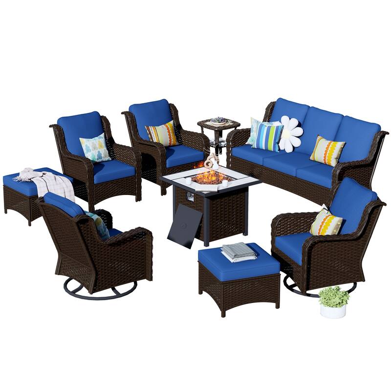 OVIOS 9-piece Patio Wicker Swivel Chair Set With 30" Fire Pit