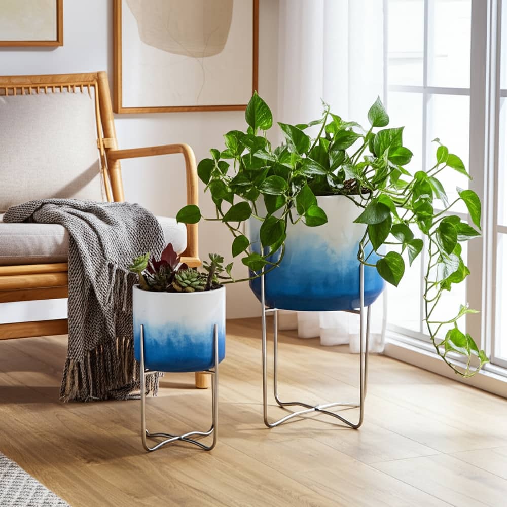 Metal Planters Sleek Modern Stands Decorative Accent Design (Set of 2)