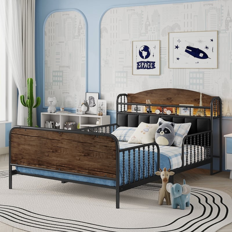 Kids Platform Bed Metal Frame with Linen Fabric Upholstered Storage Headboard Built-in Light Strip, Both Sides Rails