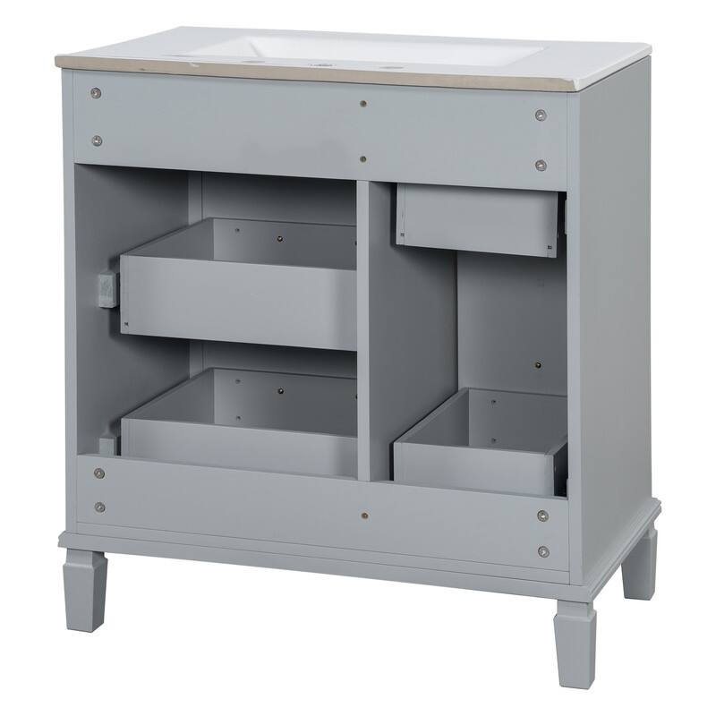 30 Inch Bathroom Vanity with Ceramic Sink, Flip-Out Drawer Design for Plumbing, White Painted MDF Cabinet with Solid Wood Legs