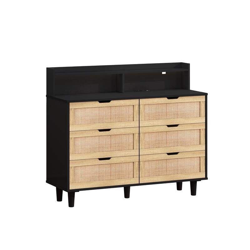 6-Drawers Rattan Storage Cabinet with LED Lights and Power Outlet