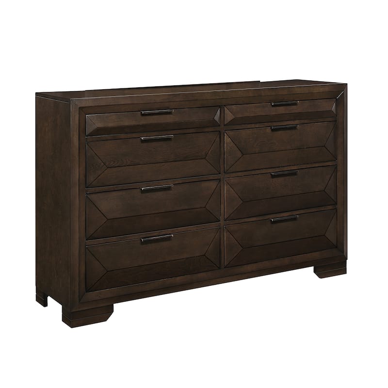 Amelie 59 Inch Dresser, 8 Drawers, Bronze Handles, Warm Espresso Brown Wood