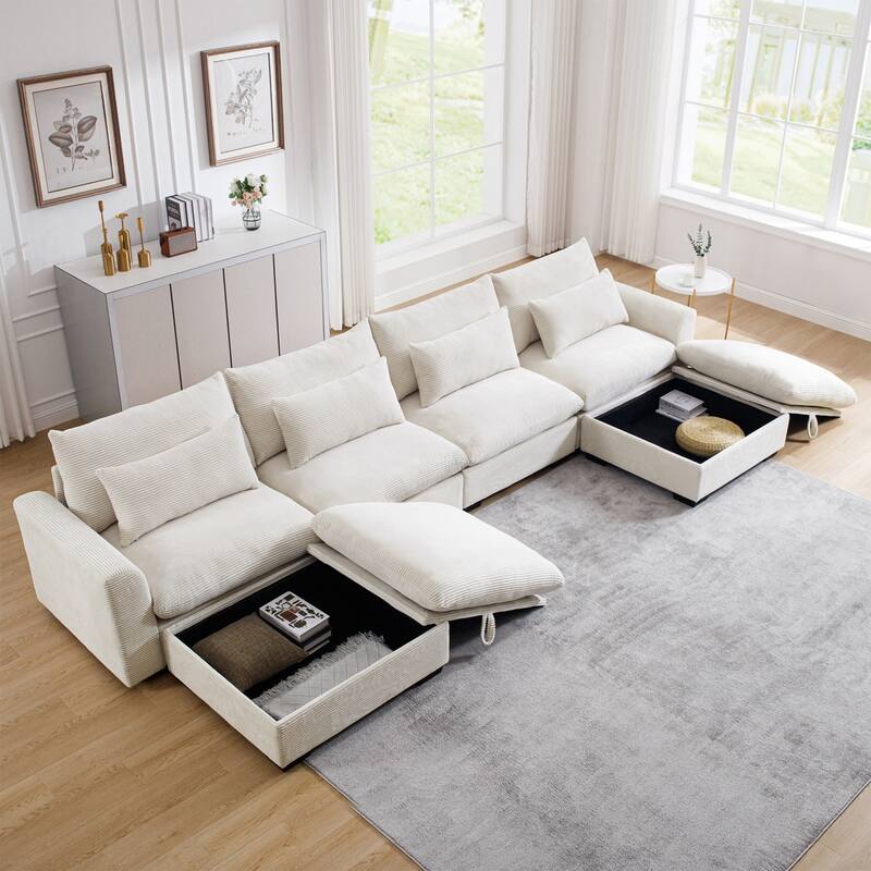 Corduroy Reversible Modular Sectional Sofa with 2 Storage Ottomans and 4 Waist Pillows