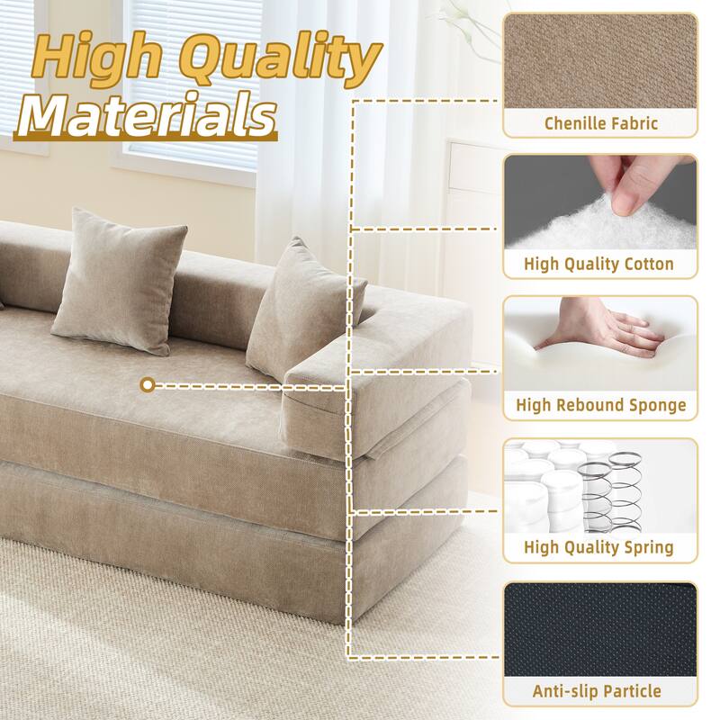 6-in-1 Folding Memory Foam Sleeper Sofa Bed Chenille Floor Chaise Lounge Couch with Side Pocket, Removable & Washable Cover