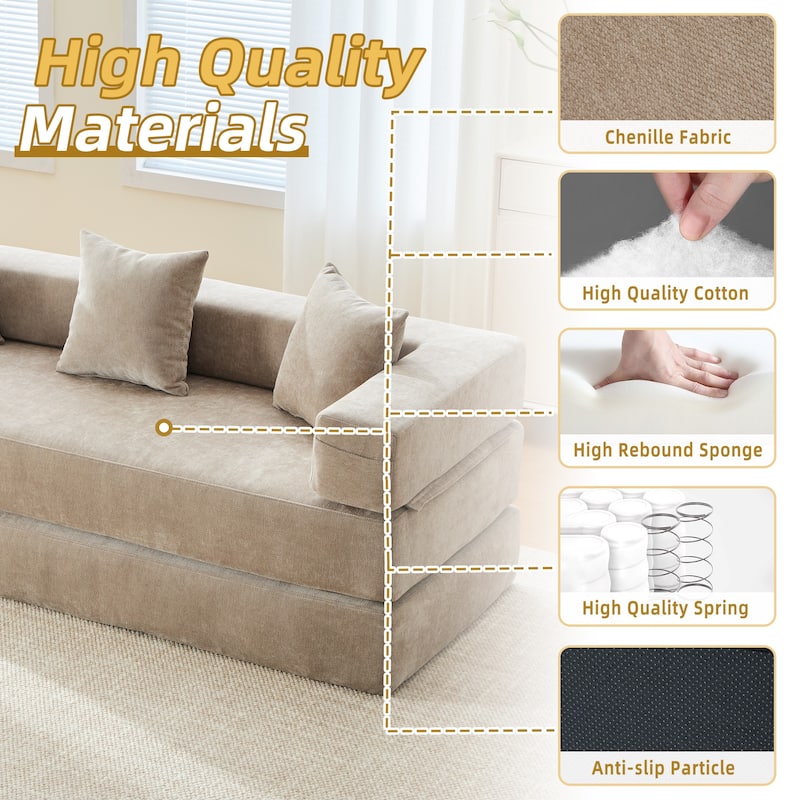 HOMEFUN Chenille Upholstered Convertible Foldable Memory Foam Sleeper Sofa with Pillows for Living Room