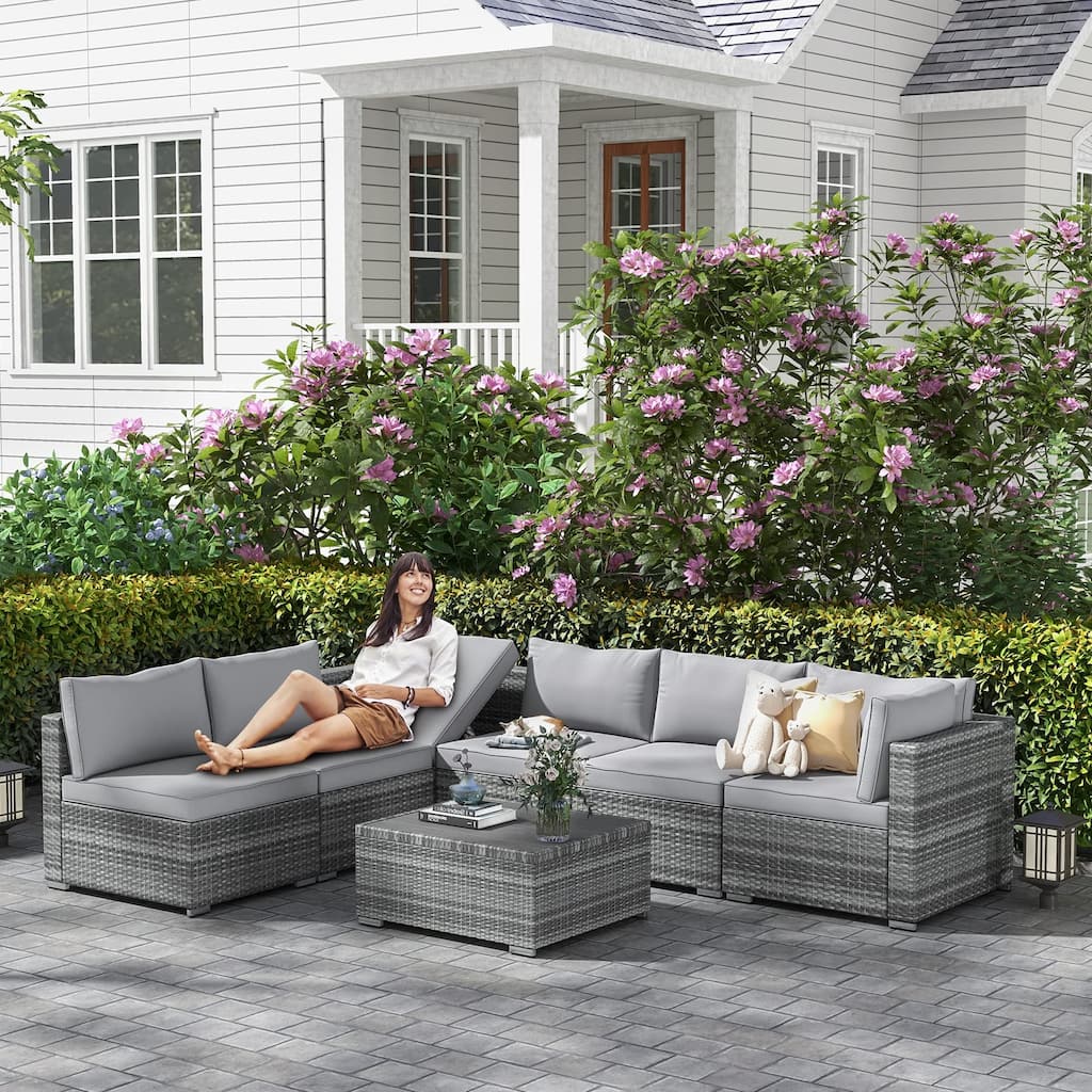 7-Position Adjustable Patio Sectional Sofa Set, 7-Piece All-Weather Rattan Furniture for Garden Backyard - N/A