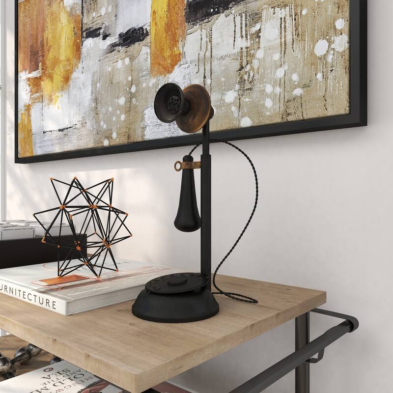 Black Metal Decorative Vintage Style Telephone Decorative Sculpture with Tiered Base and Coil Wire Detailing