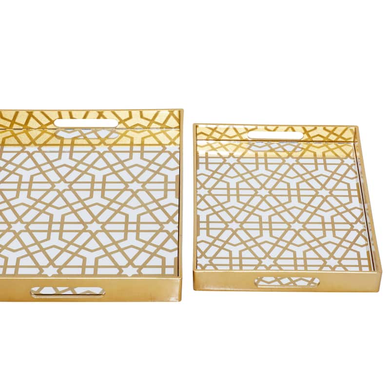 CosmoLiving by Cosmopolitan Gold Plastic Mirrored Geometric Living Room Decor Tray (Set of 2) - S/2 14", 16"W