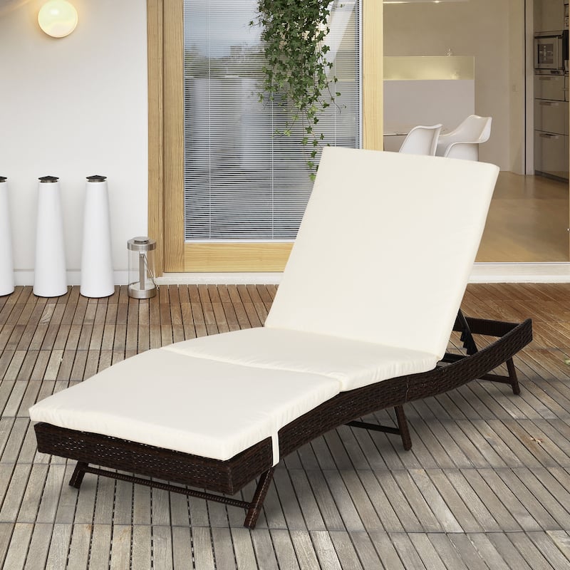 Curved Lounge Chair with 5 Position Adjustable Backrest & Cushion, Reclining Rattan Sun Tanning Seat Chaise Chair - Dark Coffee+Beige