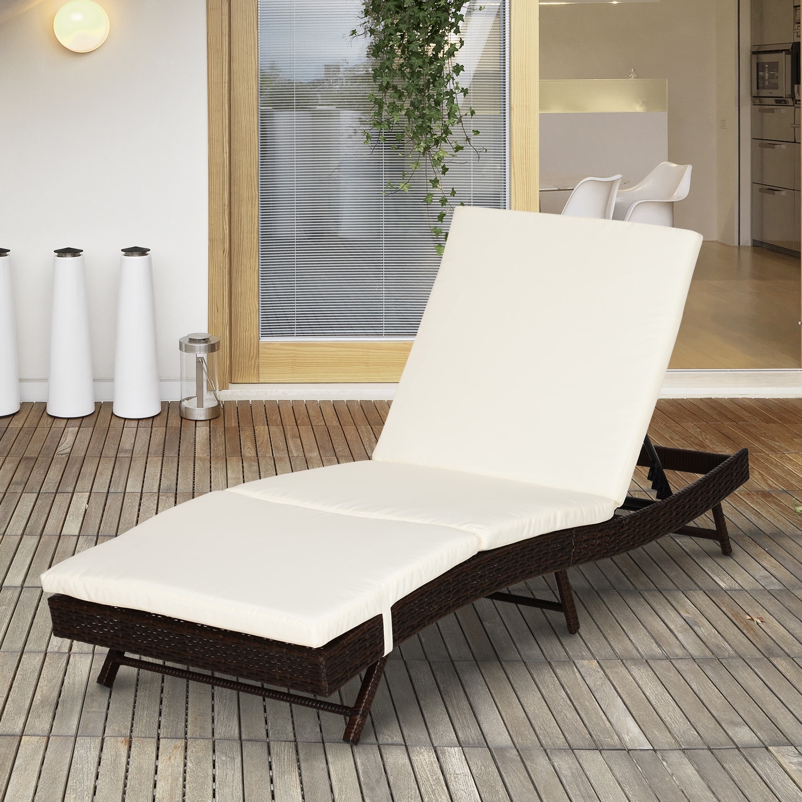 Curved Lounge Chair with 5 Position Adjustable Backrest & Cushion, Reclining Rattan Sun Tanning Seat Chaise Chair