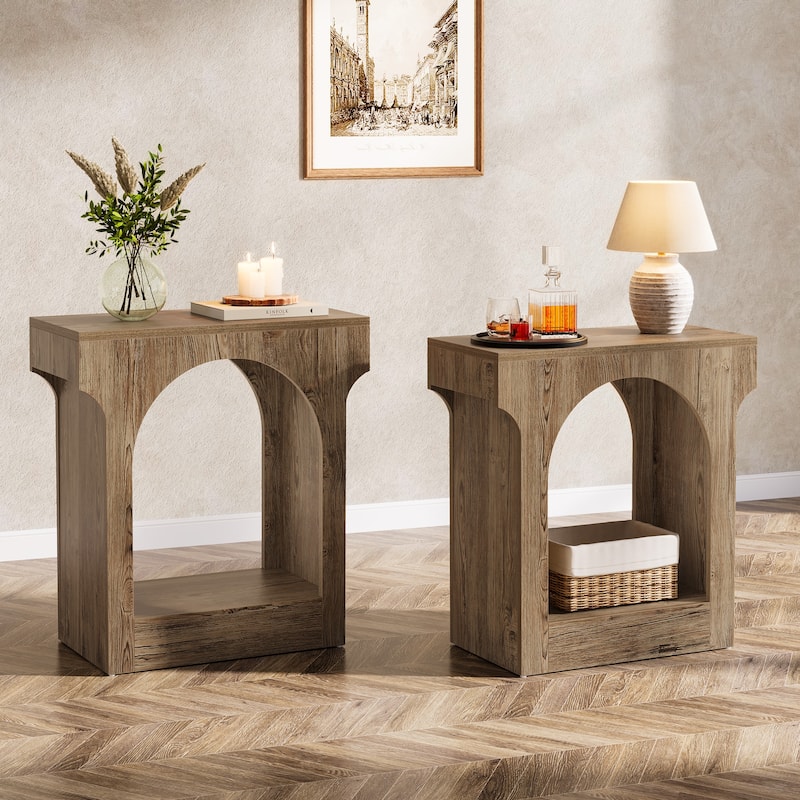 2 Tier Wood End Side Table with Storage Space for Living Room / Bedroom - Grey-2Pieces