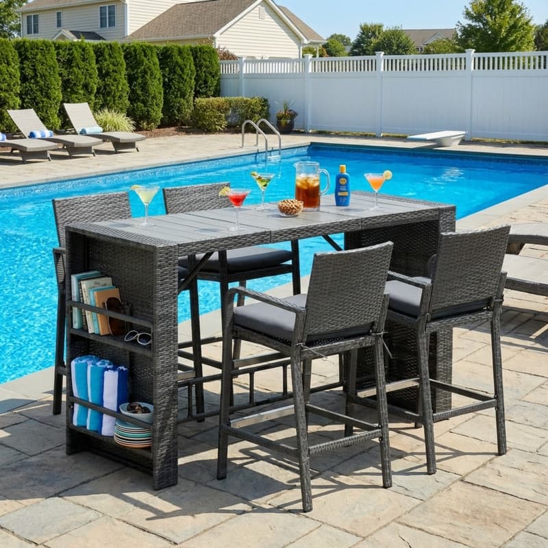 5/7-Piece Outdoor Wicker Bar Height Patio Dining Set, PE Rattan High Top Table with Storage & Bar Stool - 5 PCS-Dark Grey