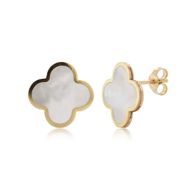 Italian Gold 14K Yellow Gold Mother of Pearl Clover Stud Earrings 15mm 2.40 grams