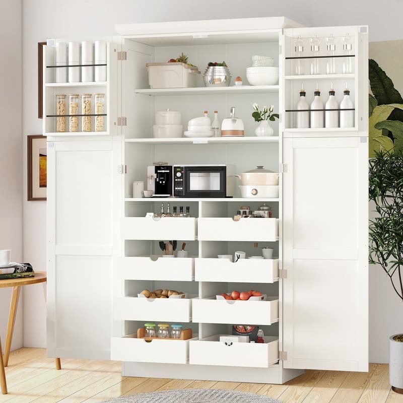 70.9"Tall Freestanding Kitchen Pantry Cabinet with Doors, Pull-out Trays and Adjustable Shelves for Organization