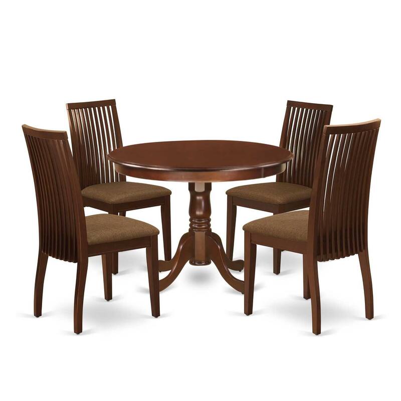 HomeStock 5-Piece Round Mahogany Finish Solid Wood Top Dining table with 4 Chairs with Lattice Back
