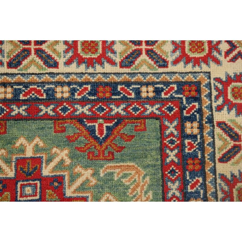 Green Geometric Kazak Foyer Rug Handmade Wool Carpet - 3'1" x 4'11"