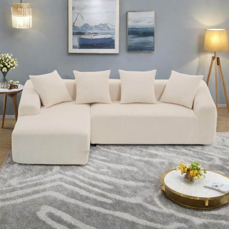 101.6" Corduroy L-Shaped Sectional Sofa with Chaise Lounge and 4 Pillows - White