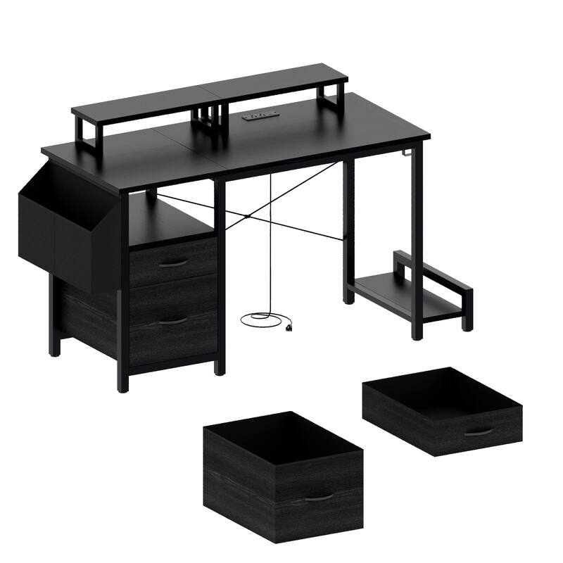 47.3" Computer Desk Office Desk with Power Outlet, Monitor Stands, 2 Drawers & Large Side Pocket