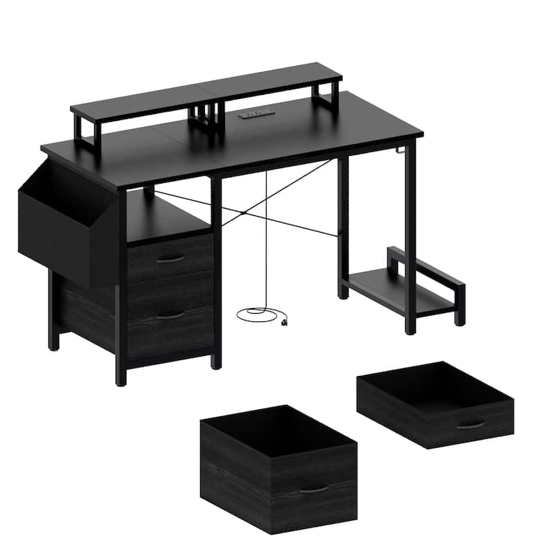 Computer Desk with 2 Drawers & Power Outlets, Gaming Desk with 2 Monitor Stands & Side Pocket, Small Home Office Desk
