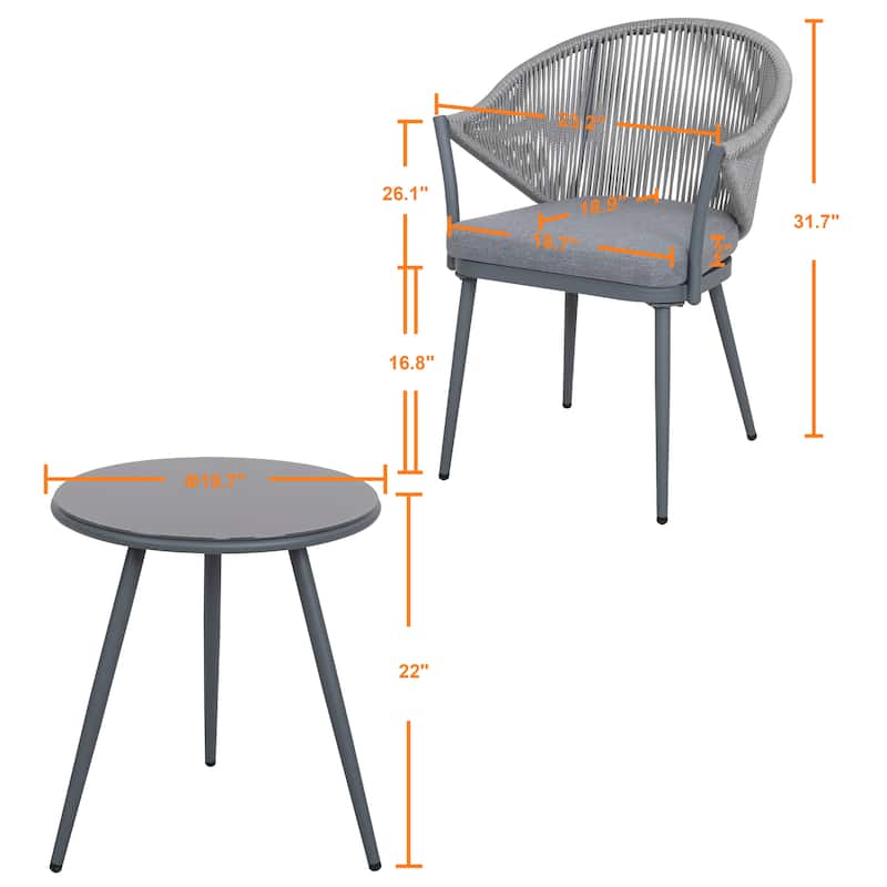 Nuu Garden 3-Piece Aluminum Outdoor Bistro Set, 1 Coffee Table and 2 Woven Rope Chairs with Seat Cushions