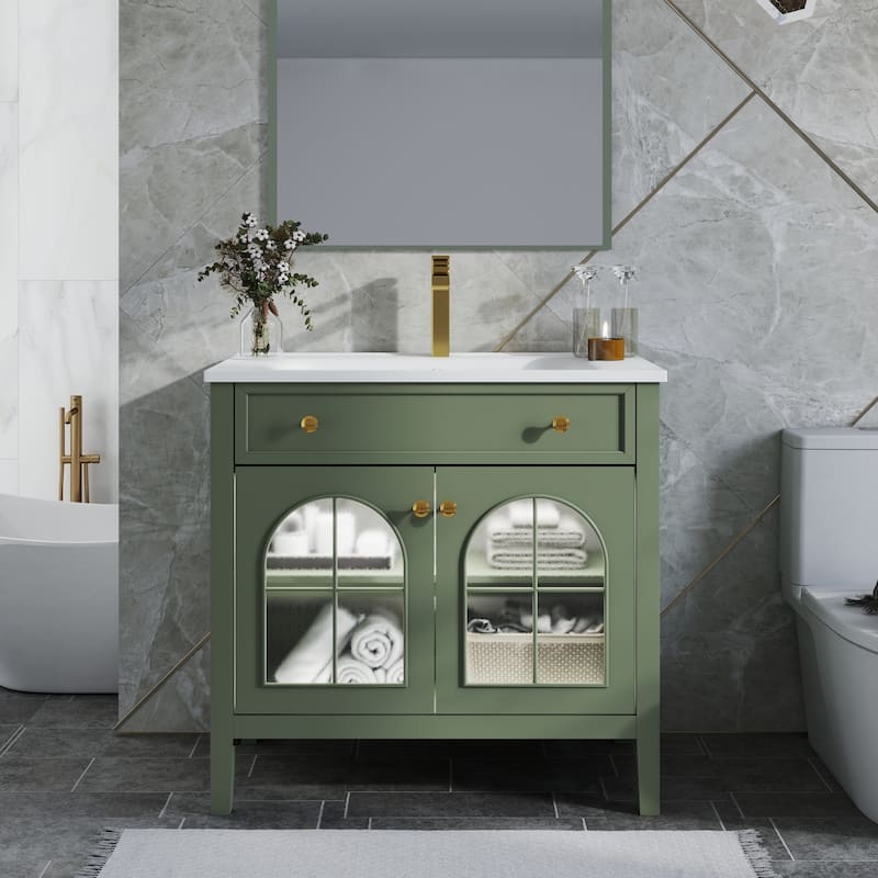 35.6-Inch Mid-Century Bathroom Vanity Sink with Patterned Glass & Motion-Sensor Light, Farmhouse Storage Vanity