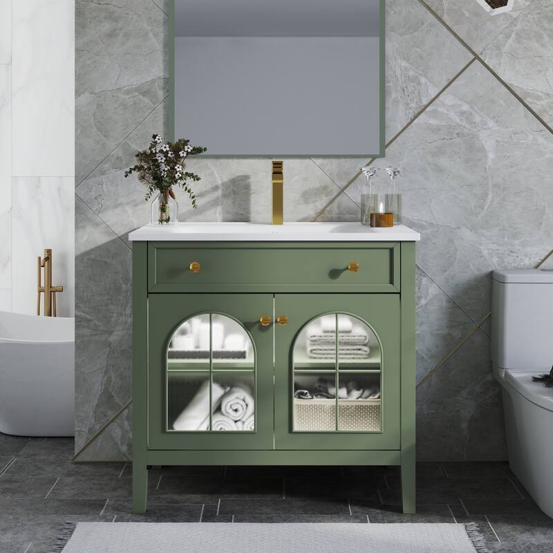 Modern Single Sink Bathroom Vanity Cabinet with Motion-sensor Light Strip & Patterned Glass, Ceramic Integrated Basin