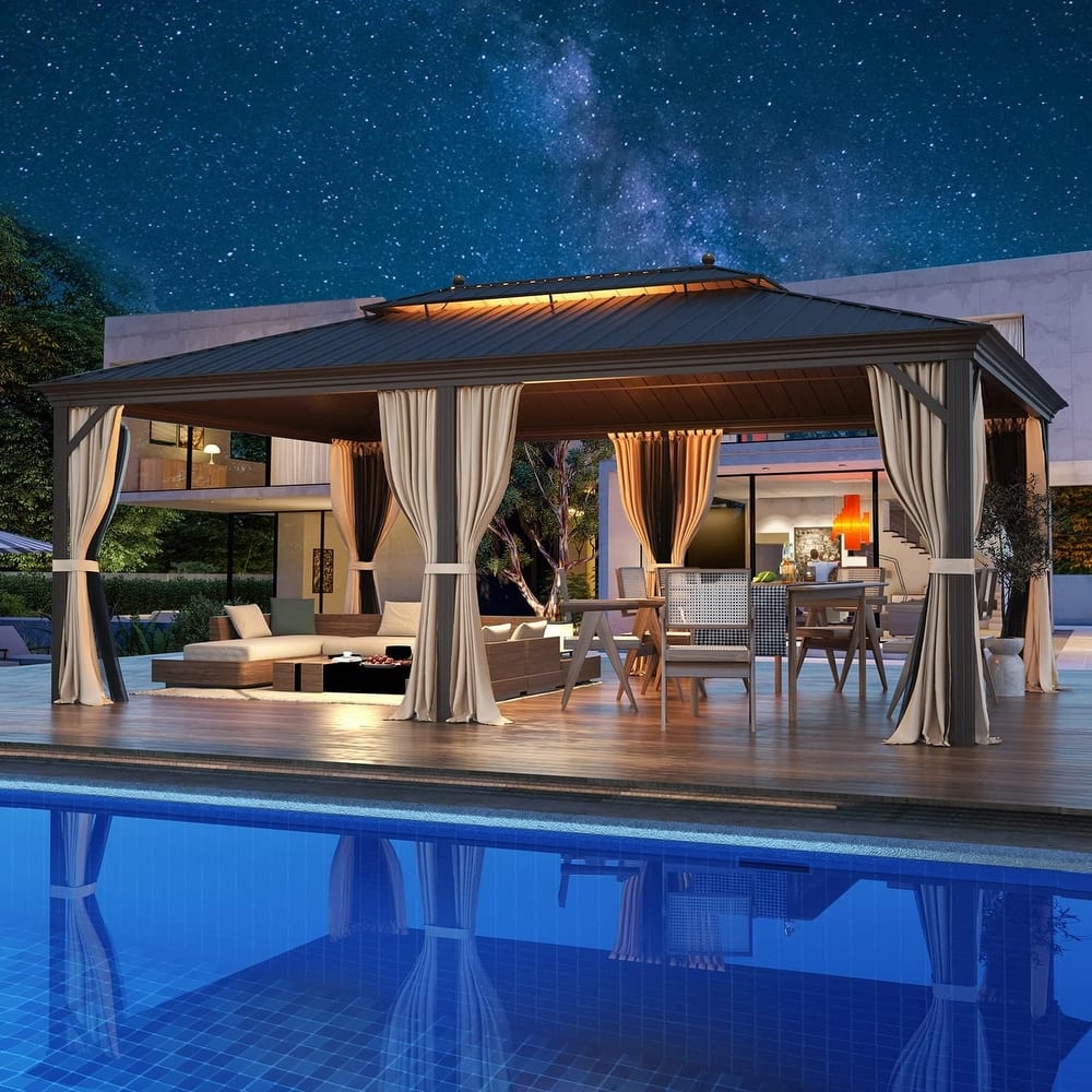 Outdoor Gazebo Pergola w Galvanized Steel Roof and Aluminum Frame, Prime Curtains & Netting Include